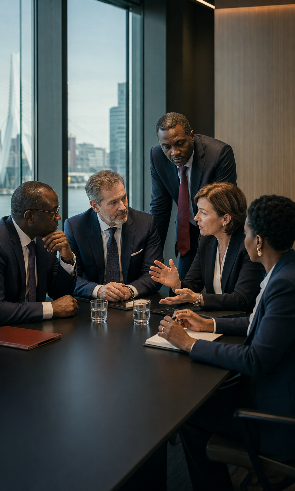 International executives collaborating in a modern Rotterdam boardroom